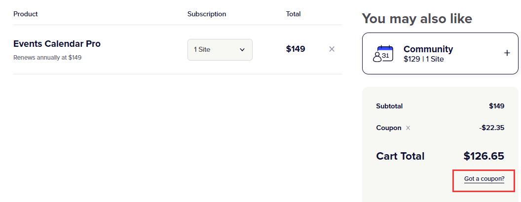 The Events Calendar Discount Coupon