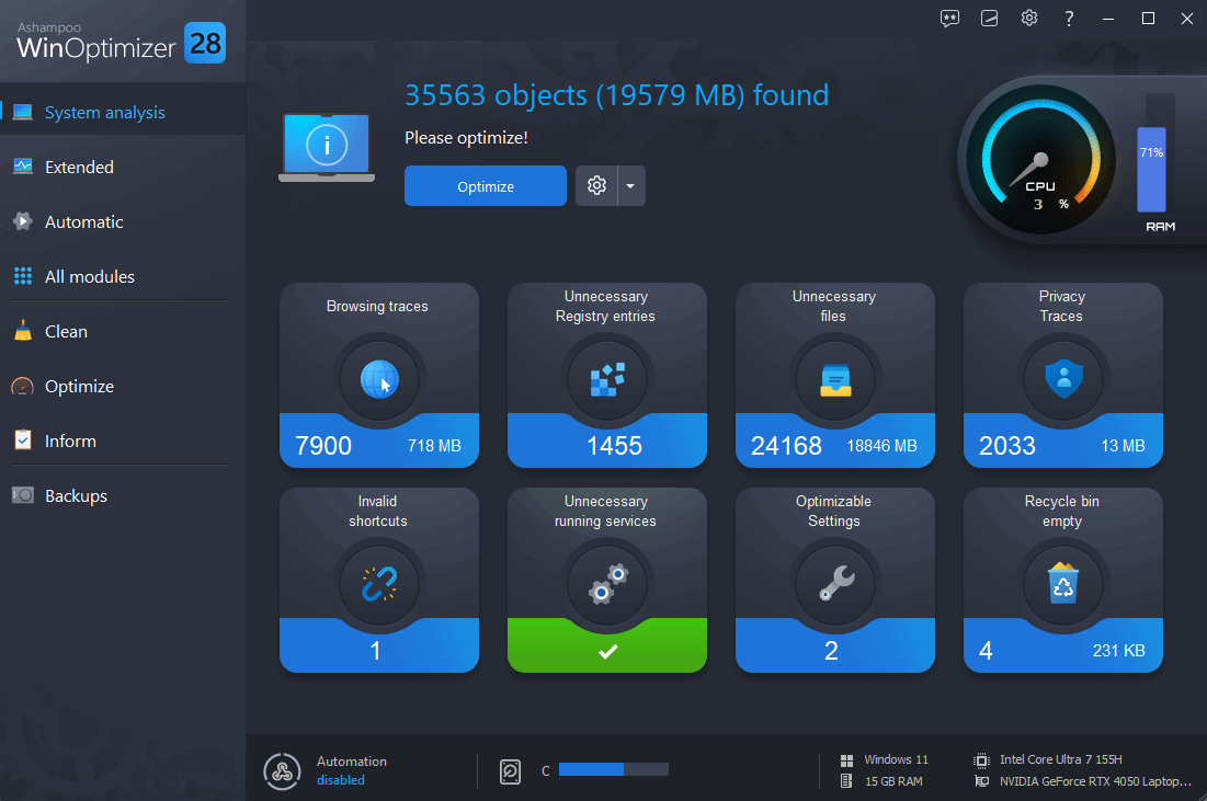 Ashampoo WinOptimizer Screenshot